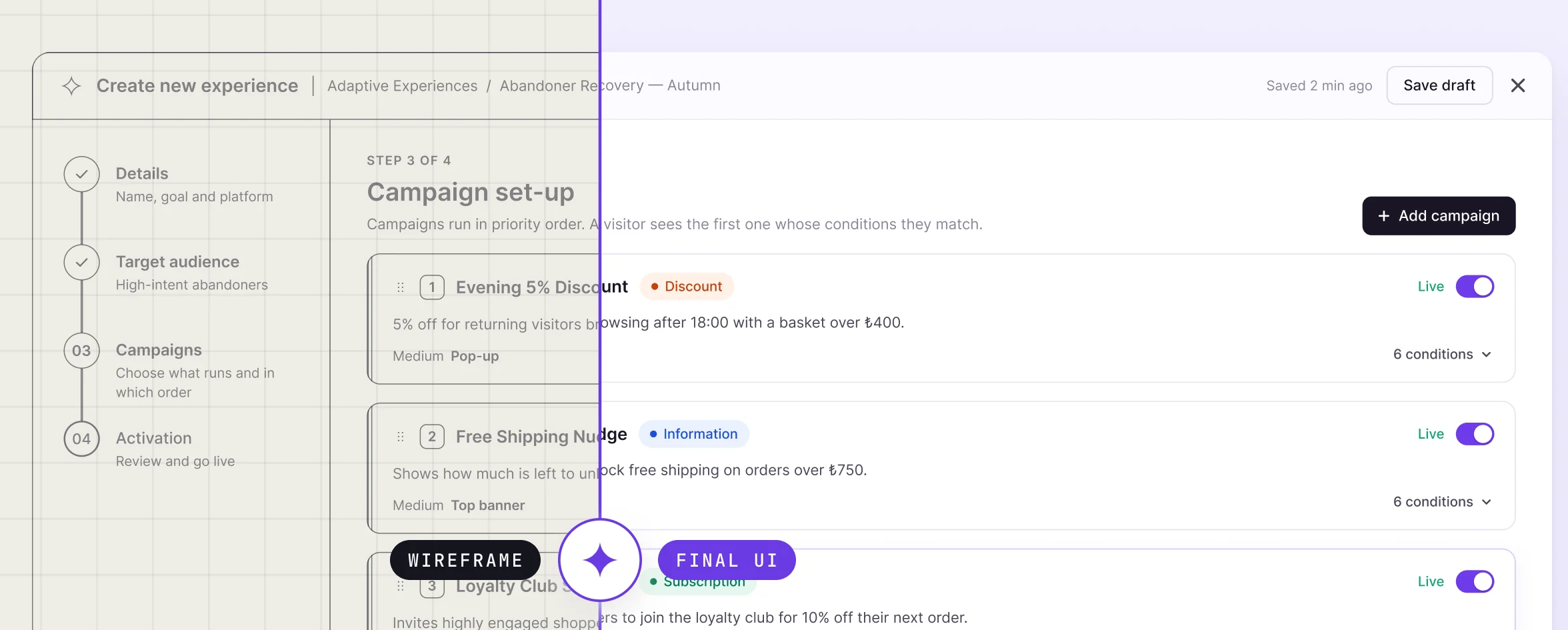 The Quin AI campaign set-up screen, drawn as a wireframe on the left and the finished interface on the right, split by a vertical divider.