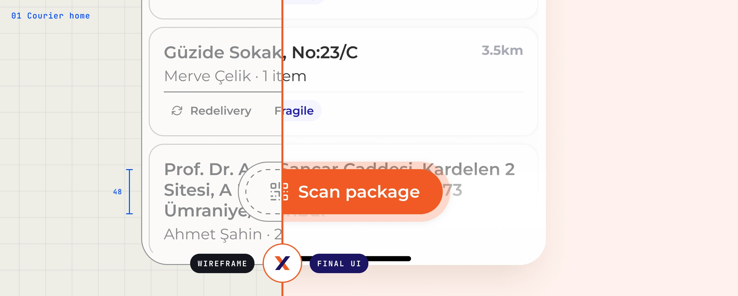 The TeslimX courier home screen, drawn as a wireframe on the left and the finished interface on the right, split by a vertical divider.